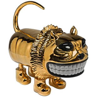 S. Musgrove, "Glamour Cat" Sculpture, Superego Editions: A "Glamour Cat" sculpture in enameled gold ceramic designed by Scott Musgrove and produced by Superego Editions in 2010. Limited edition of 50 pieces, signed and numbered. DIMENSIONS 18.11 in.Hx21.65