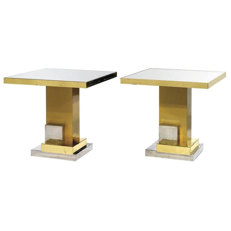 Ferruccio Laviani for Dolce & Gabbana Pair of Tables: Pair of tables with a mirror glass top, wooden structure, brass and steel designed by Ferruccio Laviani.A special project for the gold restaurant by Dolce & Gabbana in Milan.DIMENSIONSH 31.5 in. x W 2
