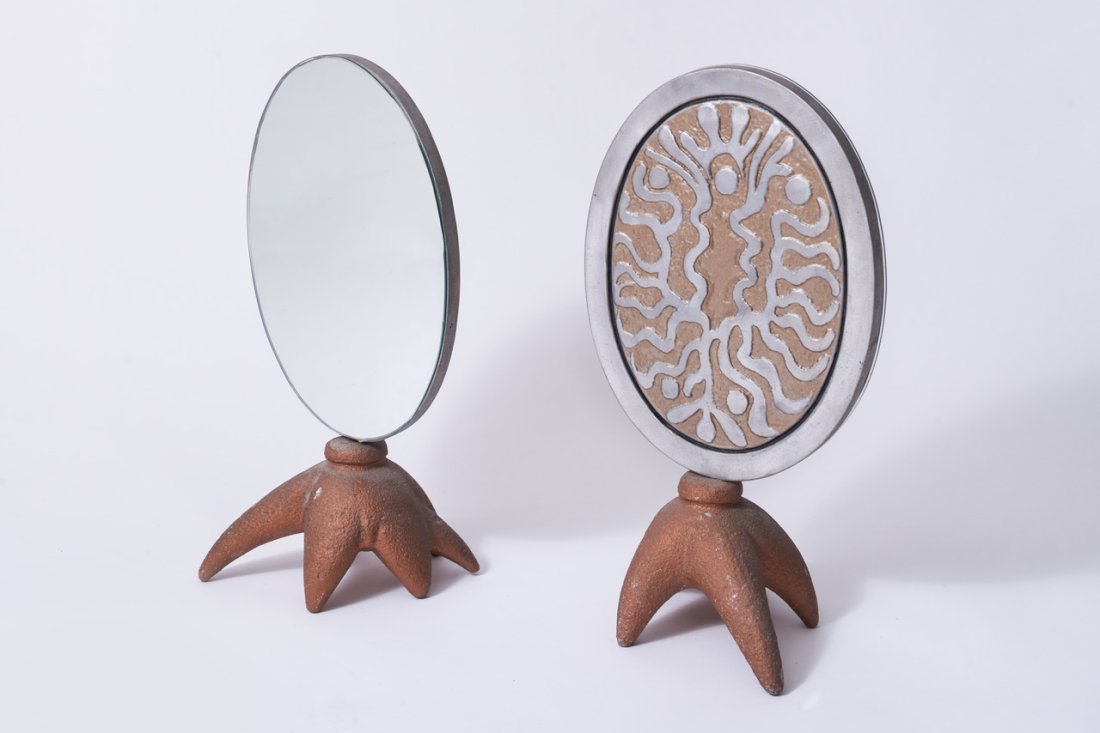 Two Table Mirrors: Two table mirrors from the 70s/80s with cast aluminum structure.