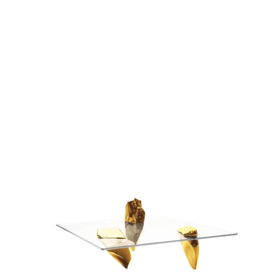 Fredrikson Stallard Coffee Table Model Sereno Driade, Italy: Coffee table/sculpture legs in polished cast aluminum gold-plated finished and glass top.