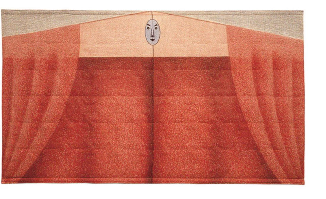 Teatrino Tapestry by Alessandro Mendini for Interflex: 265 x 155 cm. Made by Interflex, Missinto, 1996. Printed cotton, multicolored. Marked: manufacturer's patch.