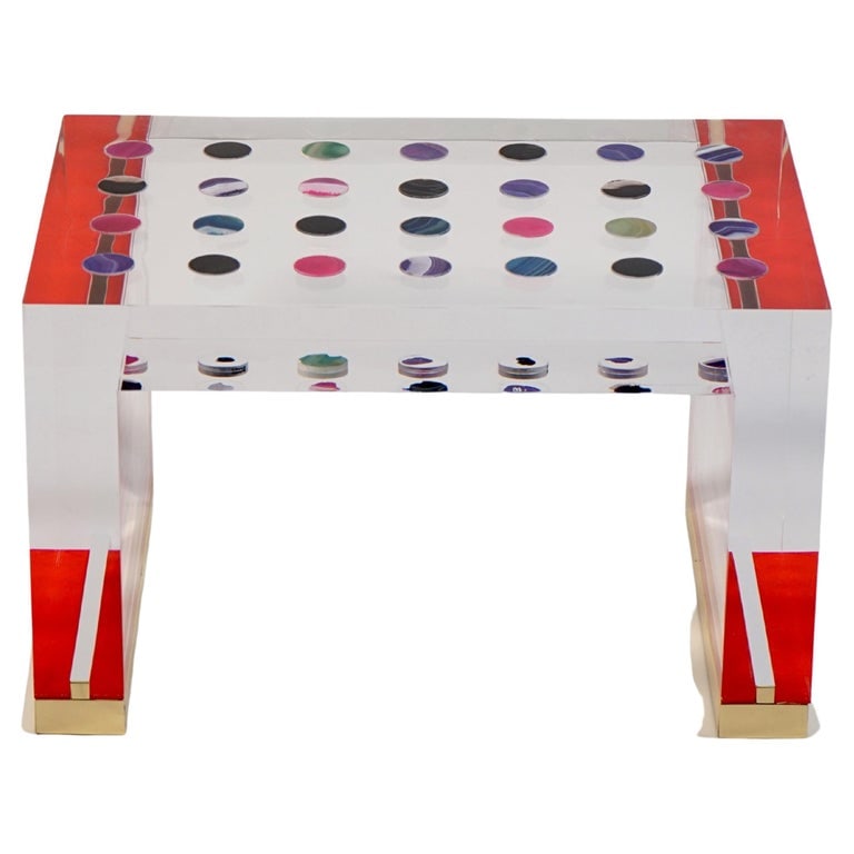 Coffee Table Horizonte Model by Studio Superego: Acrylic glass construction reduced to basic geometric shapes, rectangular table top with agate inlays, side supports also made of acrylic glass in brass sabots designed by Studio Superego for Superego