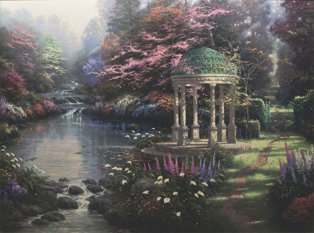 Thomas Kinkade, The Garden of Prayer, signed giclee: Artist enhanced giclee “The Garden of Prayer” by Thomas Kinkade. Limited edition, 1433 of 3950. with certificate of authenticity. Size - 30" x 40". Brown wood frame with liner.