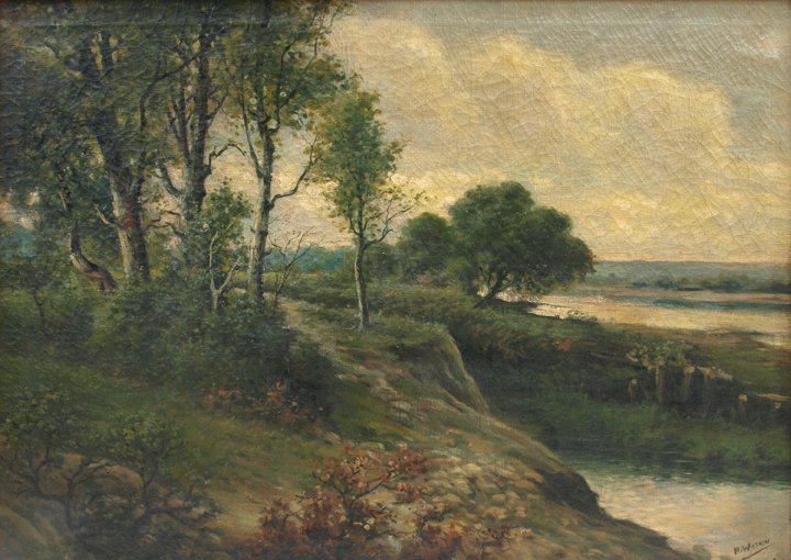 H. Watkin, Landscape, Oil on Canvas, 34" x 48".: H. Watkin, "Landscape Along the Water". Oil on Canvas, 34" x 48". In style of Hudson River School. Solid original condition. Uncleaned with dirty varnish. The painting has a great deal of cracklature 