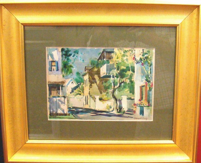 Emmett Fritz Watercolor: 7" X 10" Custom Framed. A Spanish Street (in Downtown St. Augustine, FL). "Emmett John Fritz was born in Kansas on October 13, 1917 and died in 1995. Mr. Fritz is listed in "Who Was Who in American Ar