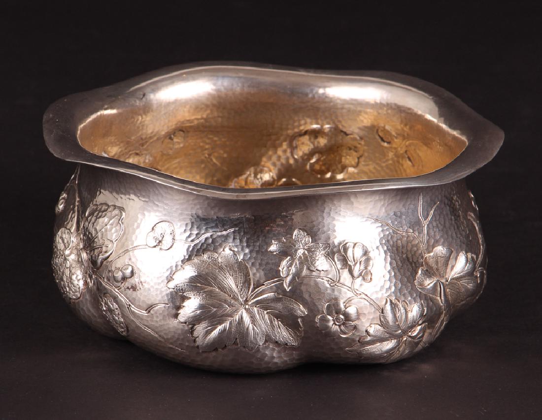 Dominick and Haff Hammered Sterling Bowl 1882: Dominick and Haff Hammered Sterling Bowl with Floral Decoration, date mark 1882, marked sterling and pattern 330, 7 inches across, 12.8 ozt.
