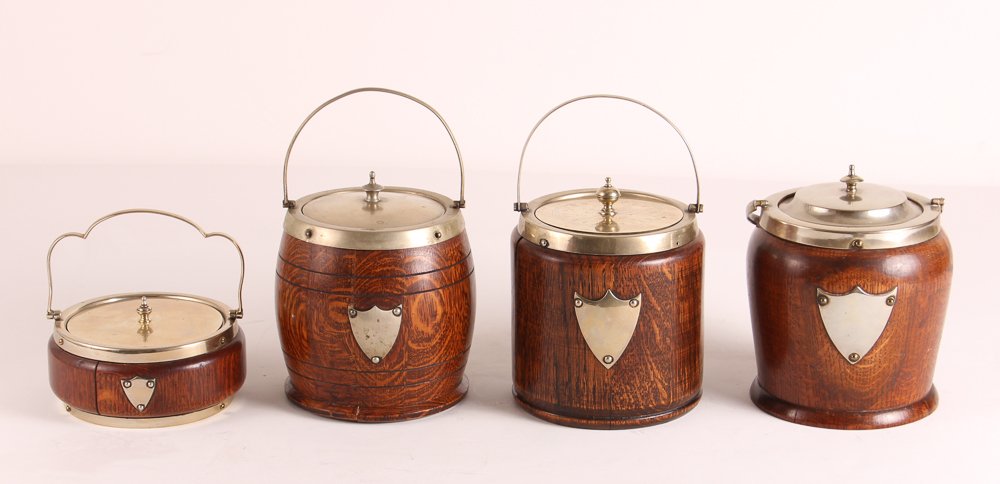 Four Oak and Silverplate English Biscuit Barrels (1 of 7)