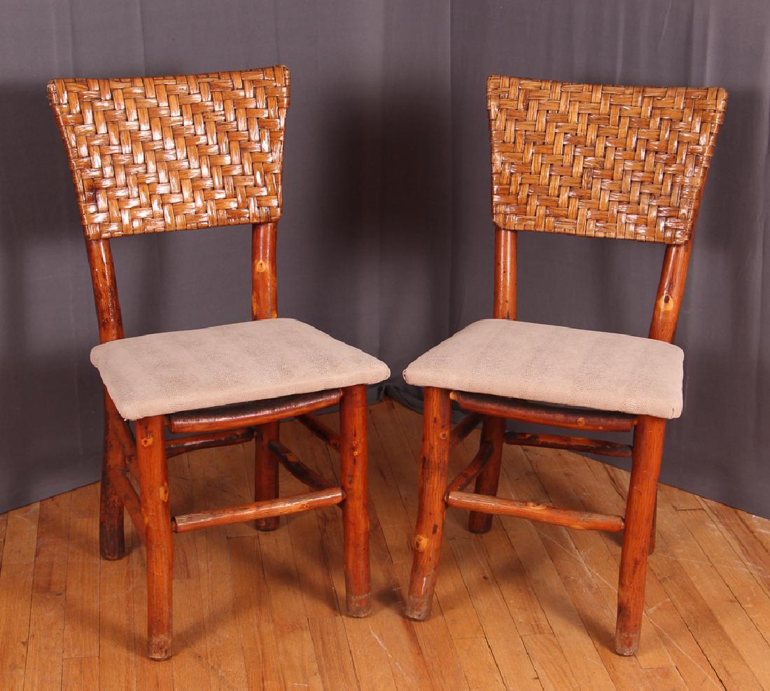 Pair of Old Hickory Indiana Rustic Side Chairs: Old Hickory Furniture Company, Martinsville Indiana, Pair of Side Chairs, Rustic Americana, circa mid 20th century, hardwood (hickory), wood strip (maple) basket weaved back, synthetic micro suede cus