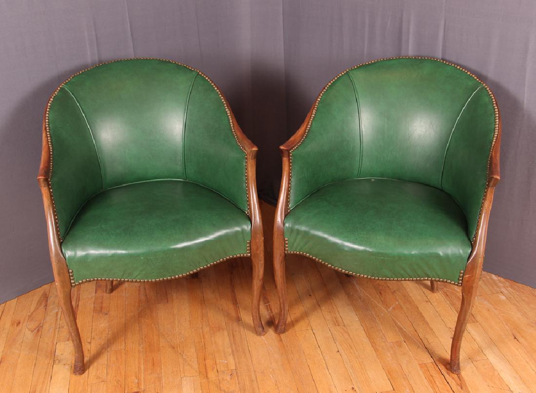 Pair of Green Leather Barrel Back Club Chairs (1 of 7)