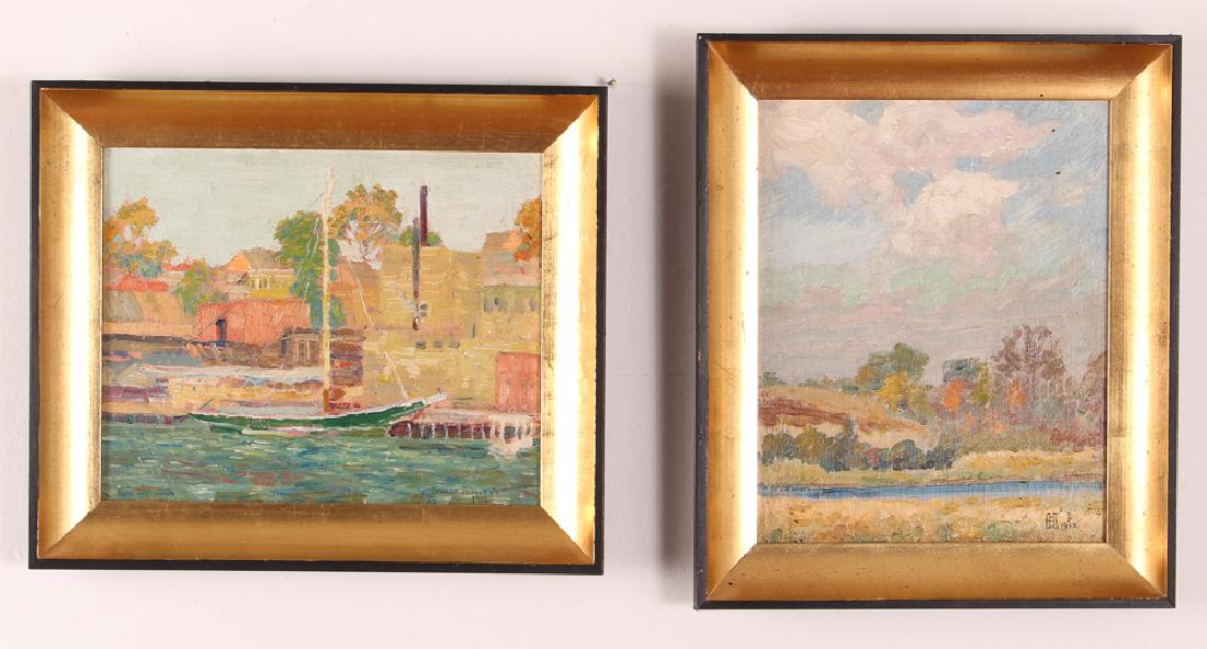 Ernest Albert Jr. Pair of Impressionist Scene Paintings: Albert, Ernest (Bill) Maxwell Jr. (American, 1890-1955), Pair of Impressionist Scene Paintings, Pastoral Stream & Quiet Harbor, oil on panel, 1912 & 1915, signed and dated lower right corner (one init