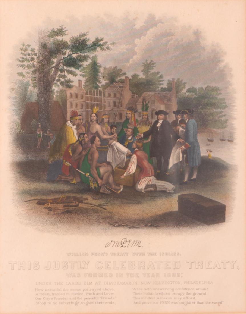 William Penn Indian Treaty Steel Engraving: William Penn's Treaty with the Indians, after Benjamin West, possibly Illman and Sons, Philadelphia, measuring 12 by 10 inches, in a black painted wood frame.