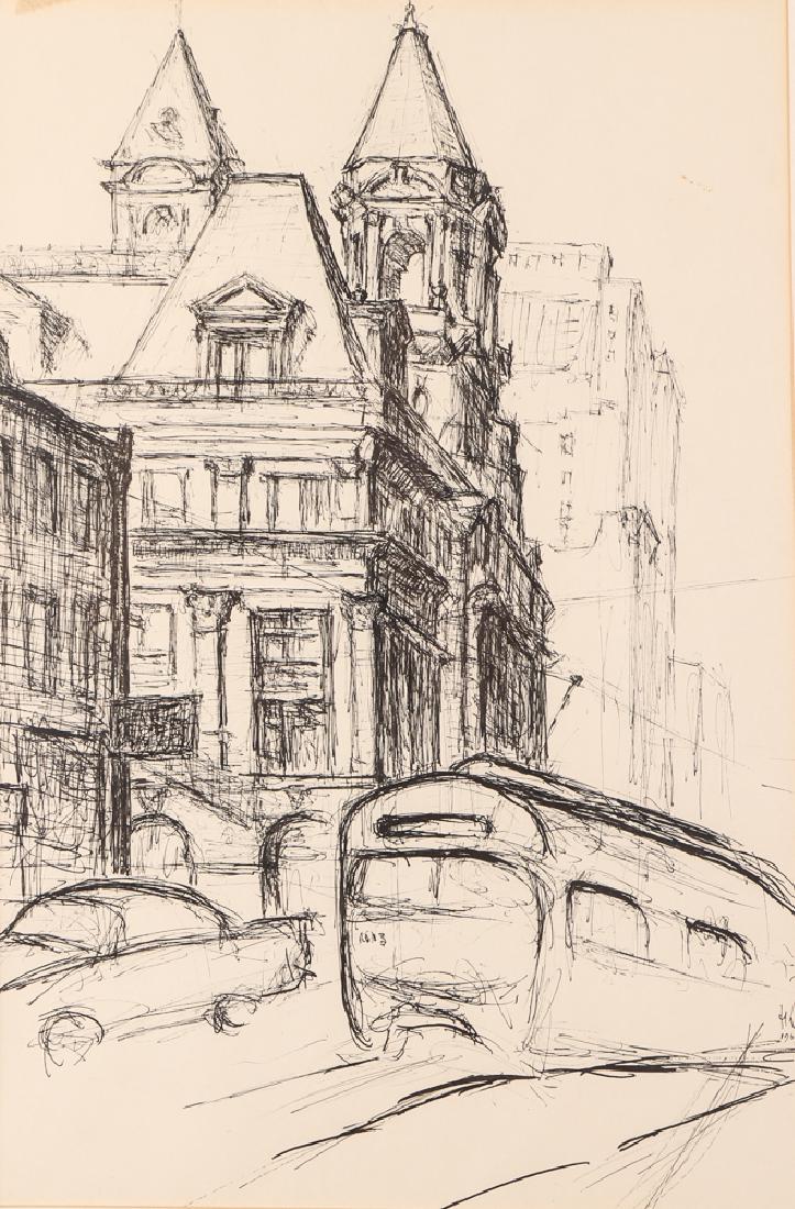 Julius Kahn Old Pittsburgh Post Office Drawing: Kahn, Julius (German/American Western PA, 1893-1983)), pen and ink drawing on paper, untitled showing the old United States Pittsburgh Post Office, measuring 16 by 11 inches, in a black painted frame.