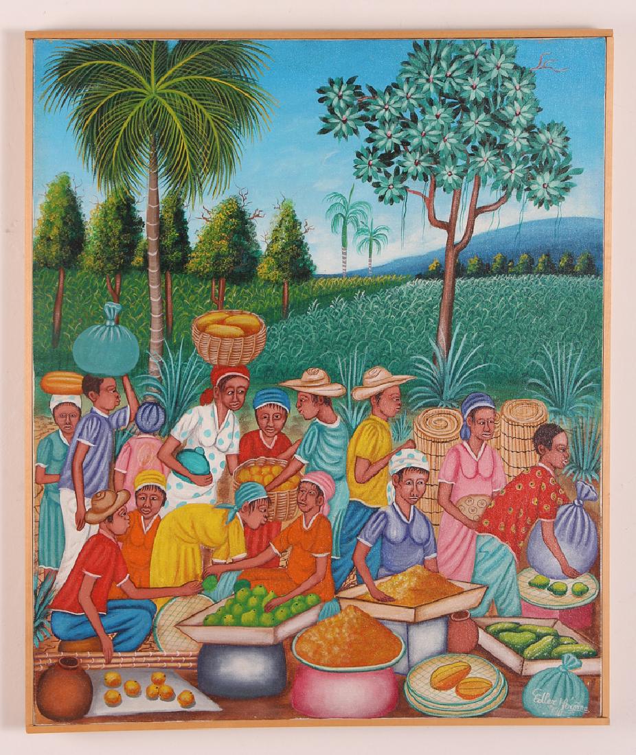 Edler Jerome Haitian Painting: Jerome, Edler (Haitian, Contemporary), acrylic on canvas, village market scene, signed and dated 1997, measuring 24 by 20 inches, in a pine strip frame.