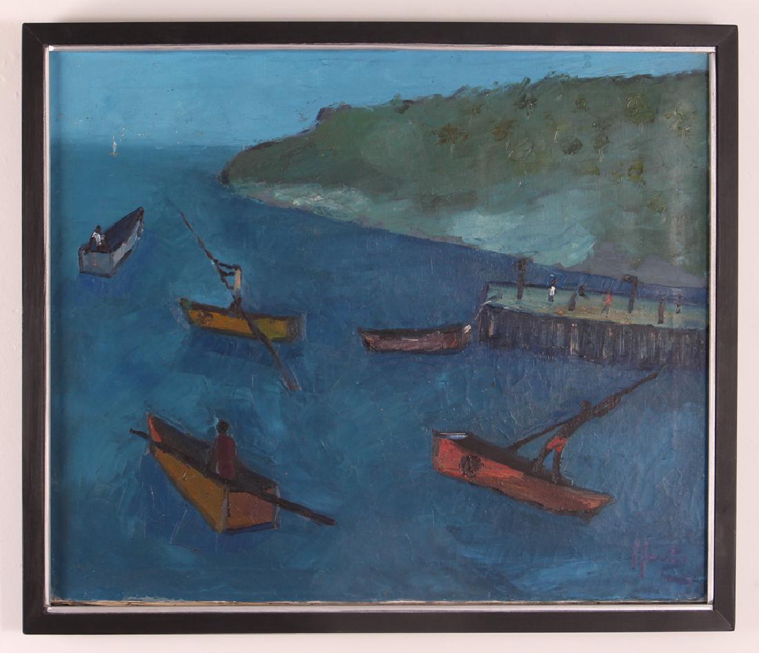 Manes Descollines Haitian Painting: Descollines, Manes (Haitian, 20th Century), Untitled seascape with boats and figures, oil on canvas, circa 1970, measuring 20 by 24 inches, from the collection of Marcus Rediker, PhD.