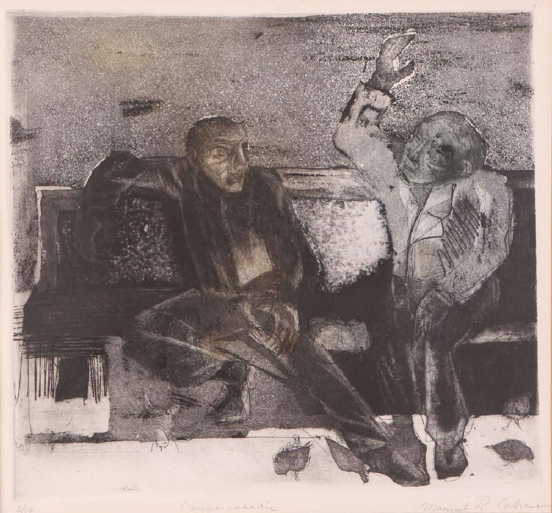 Manuel Cabrera The Conversation Etching: Carbrera, Manuel, possibly, indistinctly signed lower right in pencil, image measuring 10 by 10 inches, in a metal frame.
