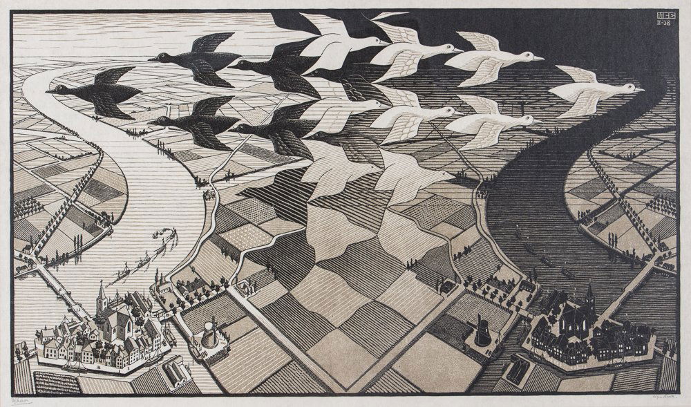 M C Escher Day and Night Woodcut Print (1 of 10)