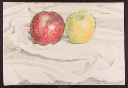 August Mosca 1968 Still-life, Apples drawing: Mosca, August (Italian/American 1909 - 2002), Pommad, (Still-life, Apples), 1968, Colored crayon over graphite, Signed, dated and dedicated with pencil, l.r. , 11.75 x 17.25 inches