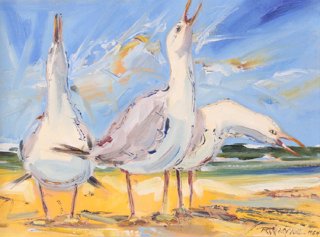 Richard Wagner Quarrelling Gulls Seaside Painting: Wagner, Richard Ellis (American, 1923 - 2009), Quarrelling Gulls, oil on canvas board, 1964, signed and dated lower left, notations on reverse, 12 x 16, flared white wash frame, 16 x 20 x 2 inches