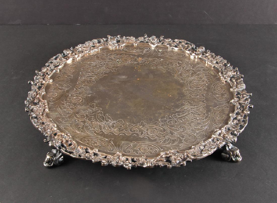 Romantic Silverplate Plateau Serving Tray: Romantic Plateau Serving Tray, possibly Georgian England, silverplate, basemetal, elaborately sculpted lion, figural and floral themed border and feet, intricately etched with floral pattern, apparent