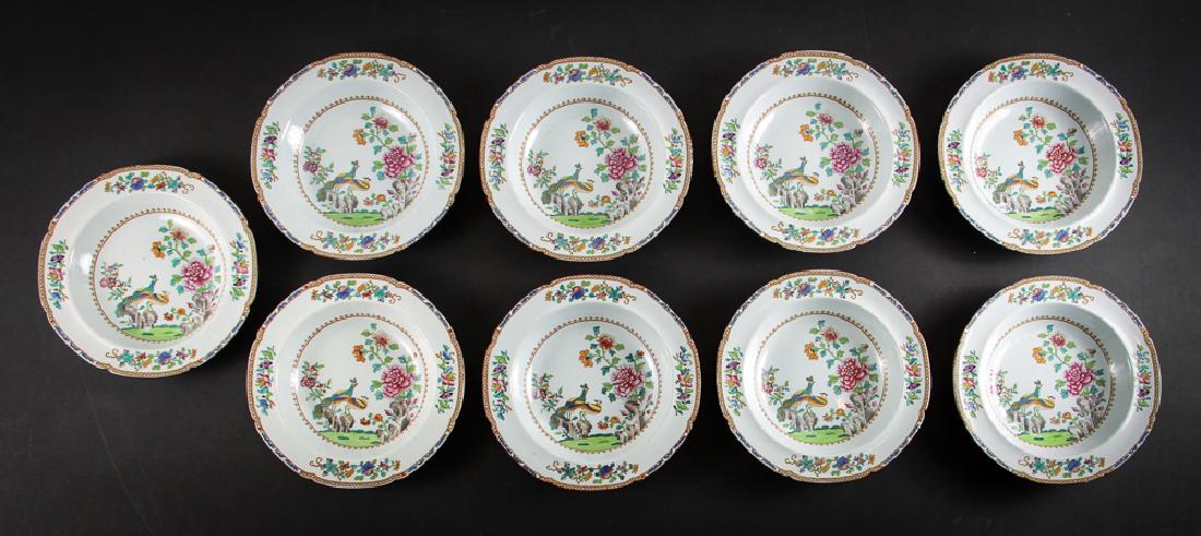 Nine Spode Peacock Soup Bowls: Soup bowls, nine, scalloped edge, in the peacock pattern by Spode, measuring 9.5 inches across. Provenance: East End Galleries, Michael Malley.