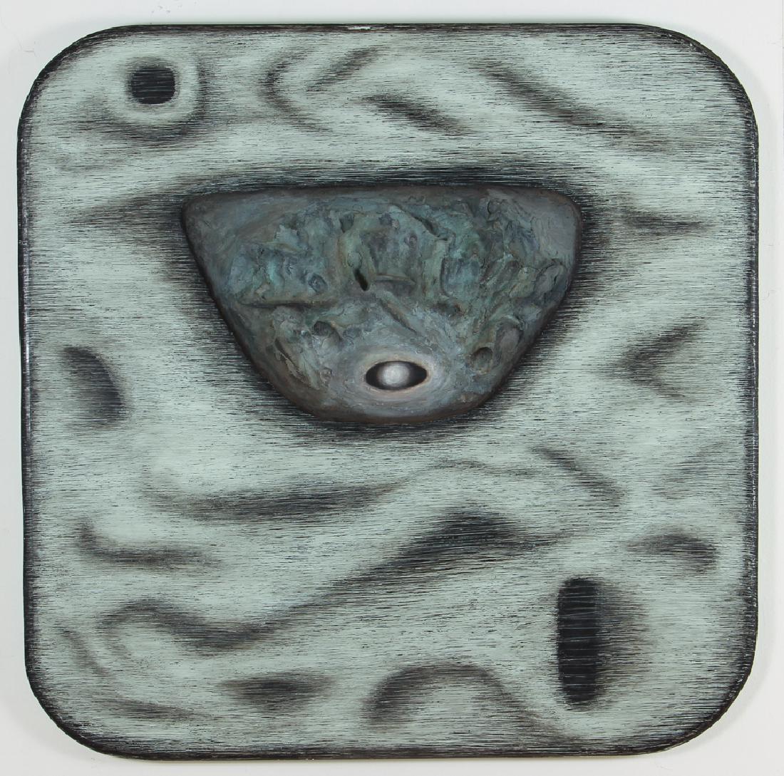 Ti Shan Hsu Portrait Wall Relief: Hsu, Ti Shan (American, b. 1951); Portrait, 1984, Oil stick, enamel, concrete on wood, 48 x 48 inches, signed and titled on reverse. Provenance: Pat Hearn Gallery, New York; A Pittsburgh Corporate Col