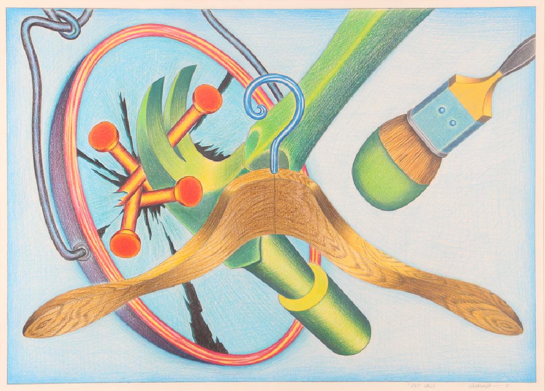 Naoto Nakagawa Hyper Realistic Drawing: Nakagawa, Naoto (America, born 1944), Red Nails, hyper realistic color drawing, signed and dated in pencil 1971, measuring 19 by 27 inches, in a silver metal frame measuring 26 by 34 inches.