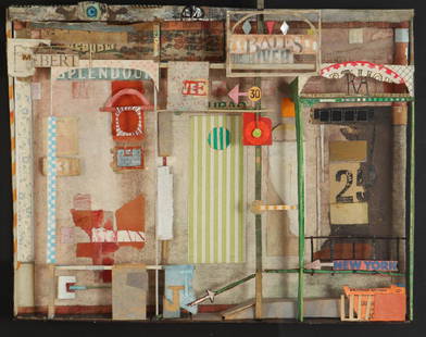 Addie Herder New York Collage: Herder, Addie (American, 1920-2009), "New York" collage, mixed media, signed and dated on reverse 1989, measuring 17 by 19 3/4 by 3 inches, in a black wood shadow box frame. Exhibited and provenance: