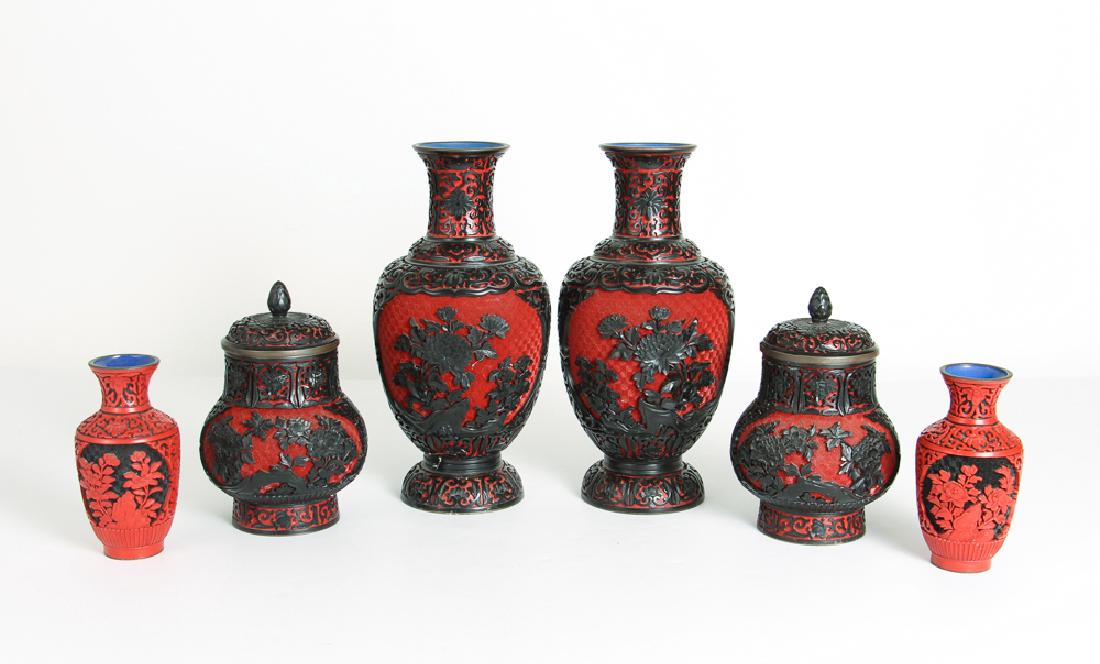 Six Black and Red Cinnabar Vases (1 of 10)