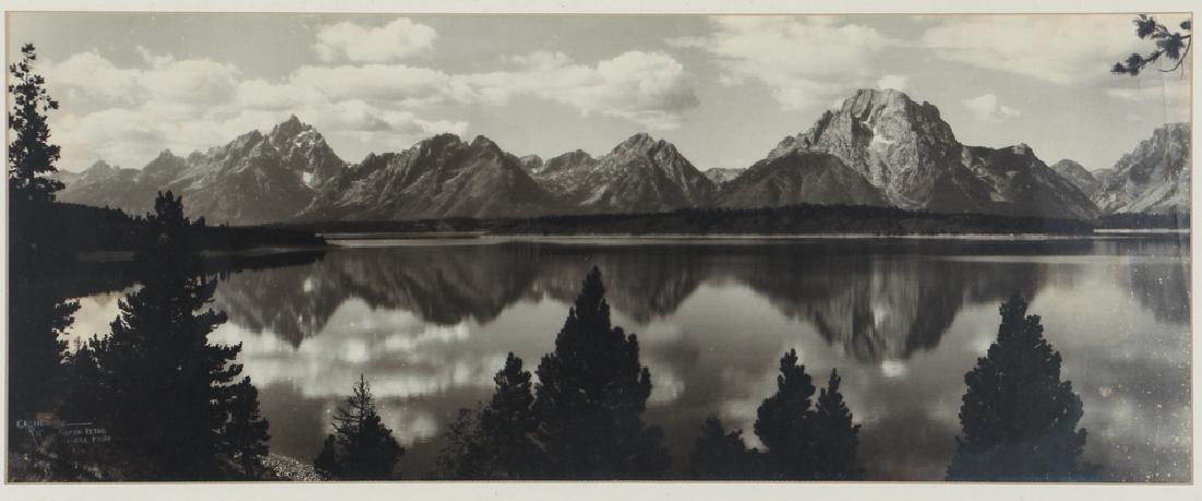 Harrison Crandall Grand Teton Photograph: Crandall, Harrison (American, 1887-1970) Grand Teton panoramic photograph, with artist stamp in the lower left, measuring 9 by 23 inches, in a black painted frame measuring 15 by 28 inches.