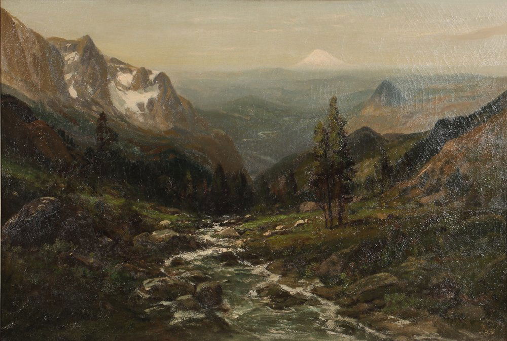 Attrib. William Keith Landscape painting: Keith, William, Attributed (American, 1838-1911), Mountain Stream Landscape, oil on canvas, 23 x 33 inches, apparently unsigned, framed in a gold frame with small linen liner measuring 30 x 40 inches