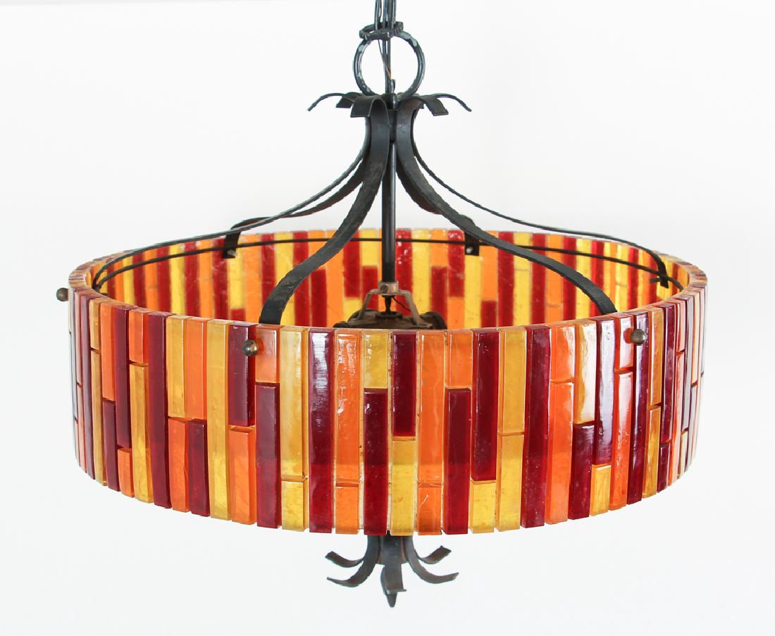 Two Atomic Age Hanging Light Fixtures: Two Mid Century Modern Hanging Light Fixtures, shaded four light chandelier and 3 cylindrically shaded lamp pendant, circa mid 20th century, plastic/lucite, brass, steel, one with Thomas Industries Mo