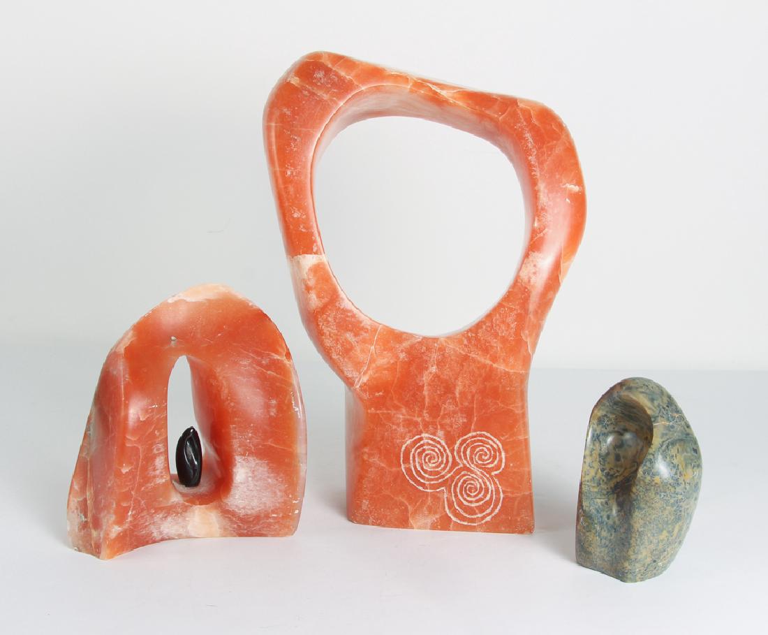 Robert Johnson 3 Shamanic Themed Hardstone Carvings: Johnson, Robert Francis (American, 20th Century), Ancestors Spirit, Healing Stone, and Untitled, circa 20th century, carved hardstone (alabaster?), each signed RFJ, largest: 16 x 11 x 5, smallest: 6 x