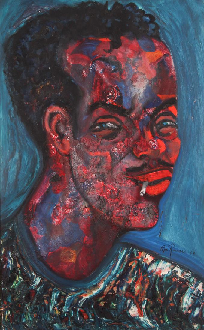 Pepe Romero 1963 ptg. By Puerto Rican Pop artist: Romero, Pepe (20th Century Puerto Rican), Work Title: Head of a Man Smoking, Date: 1963, Medium: acrylic on masonite panel, Dimensions: 31.25 x 19.5 inches, Description: An expressionist portrait by P