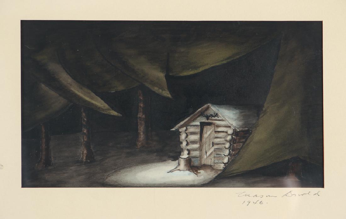 Set Design for Peer Gynt by Arvold: Arvold, M. (Unknown, 20th Century), set design for Peer Gynt, Solveig's Hut, with dedication to Frank Mason, measuring 6.5 inches by 11.75 inches, in a painted wood frame measuring 22 by 26 inches.