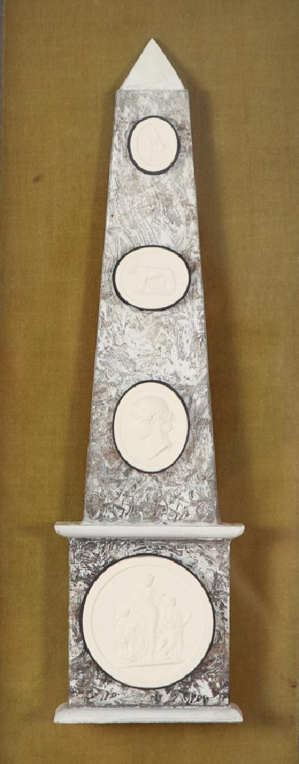 4 Bisque Grand Tour Medallions mounted Obelisk: 4 Bisque Medallions Grand Tour Medallions in a shadow box frame, 19 x 9.2 x 2 inches