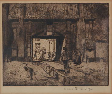 Sir Frank Brangwyn industrial etching  Gateway, Furnes: BRANGWYN, Sir Frank (BRITISH 1867-1956), Gateway, Furnes (une Porte a Furnes), etching 1908. Edition: 100. Measures 8-3/4" wide (cm) x 6-3/4" tall,