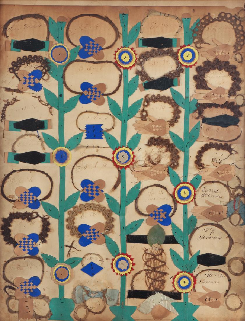 Heskett Mcendree Folk Art Family Tree: Heskett Mcendree folk art family tree, decorated with paper cut outs of interwoven hearts, hearts in hand, coffins and flowers. With woven hair accents, possibly the Heskett Mcendree family of Belmont