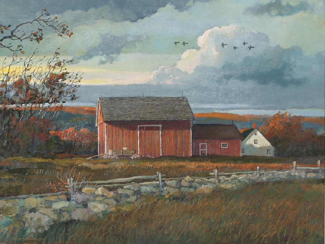 Eric Sloane September Oil on Board Painting: Sloane, Eric (American, 1905-1985) September, oil on board, signed lower right "Eric Sloane NA" with second signature and title on the reverse, measuring 17 by 22.5 inches, in a rustic style barnwood