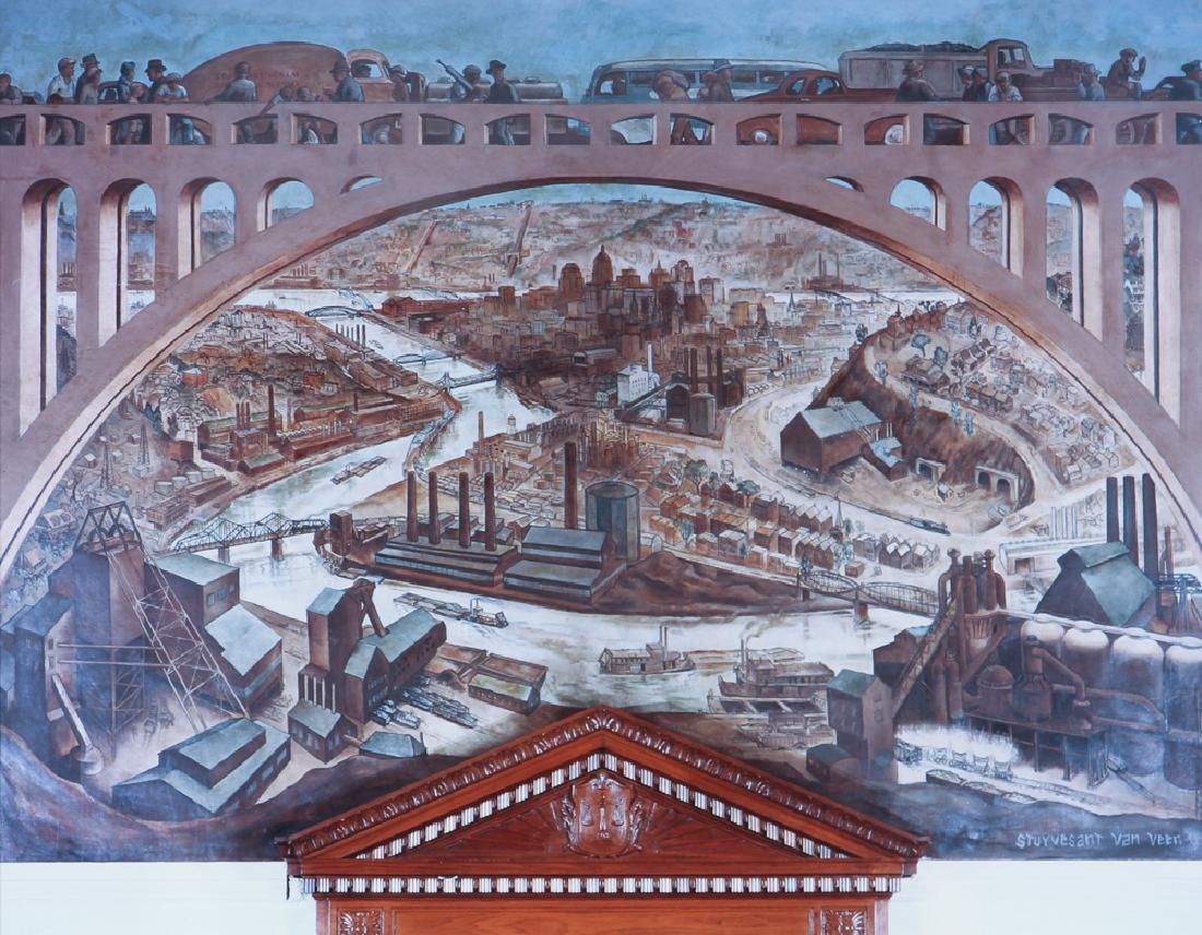 2 Clyde Hare color photos of Van Veen Mural in Federal: Hare, Clyde (America, 1927-2009) 2 views of Mural created by Stuyvesant Van Veen Pittsburgh Panorama in Federal Courthouse, color photograph, 11 x 15.5 inches, framed in gold metal frames measuring 18