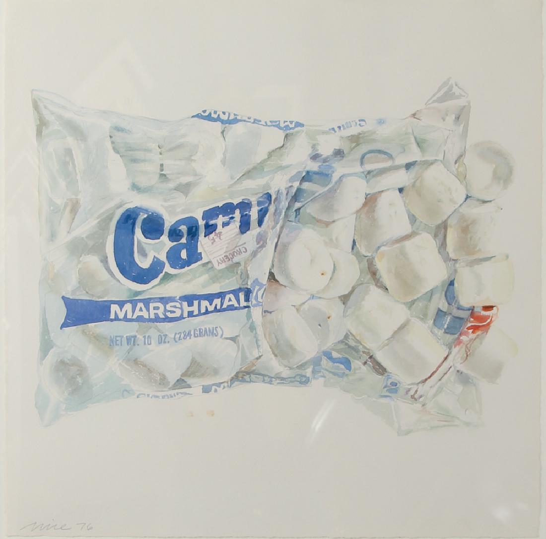 Don Nice 1976 watercolor Marshmallow: Nice, Don (American, born 1932), Marshmallow, 1976, watercolor on Arches , signed and dated Nice 76 lower left, 18 x 18 inches, framed size 27 x 26 inches, Provenance: John Berggruen Gallery, San Fran
