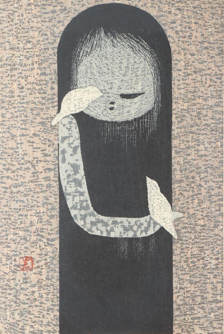 Kaoru Kawano color woodcut Girl with Birds (1 of 5)