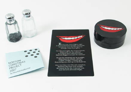 Sanford Biggers and Nina Katchadourian Norton: 2 Peter Norton Christmas Projects ,2007 and 2008 by Sanford Biggers (American, b. 1970) "Cheshire Smile" (2008) and Nina Katchadourian (American, b. 1968), Salt and Pepper Shakers, 2007, both in their