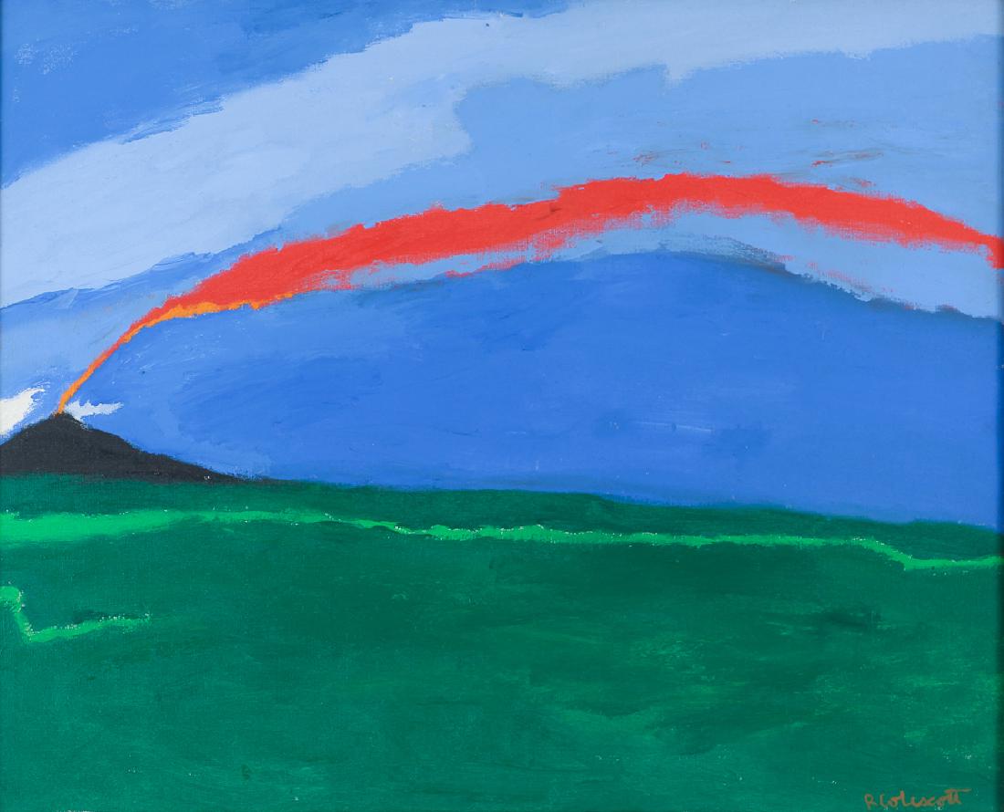 Robert Colescott 1968 painting Volcano: Colescott, Robert H. (American, 1925-2009), Volcano, 1968, Oil on canvas, 25.5 x 31.5 inches, Signed, dated and inscribed Paris on canvas reverse,