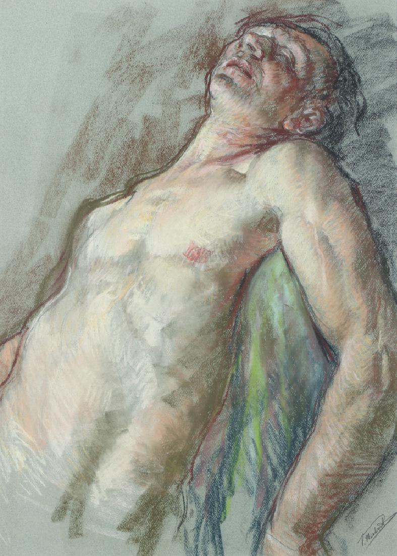 Vincent Nesbert pastel Reclining Man: Nesbert, Vincent (American, 1898-1976), Male Nude Reclining, pastel and mixed media on grey paper, 23 x 16.5 inches, signed lower right, framed in a gilded and scrolled wood frame measuring 30 x 24 in