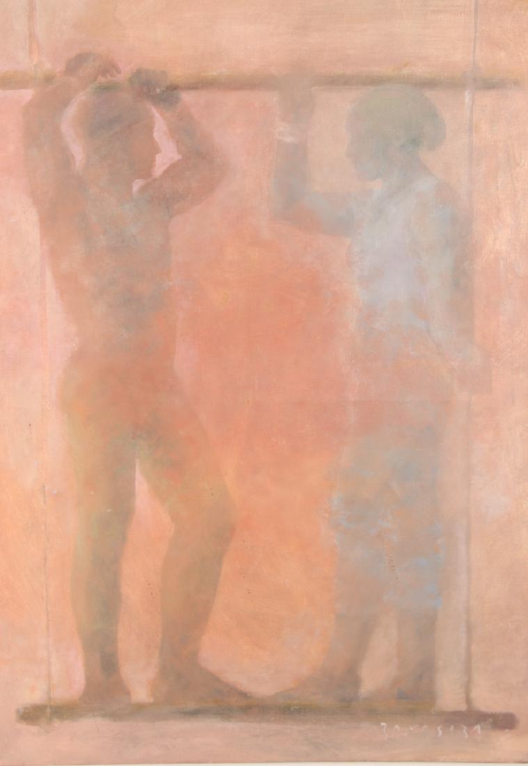 Jose Zaragoza 1981 painting Figures in an Indefinte: Zaragoza, Jose (Spanish, lived in Brazil 1930-2017), Figures in an Indefinte Space, 1981, oil on canavs, 36.5 x 25.5 inches, signed lower right and signed and inscribed 81 on the canvas reverse, Prove