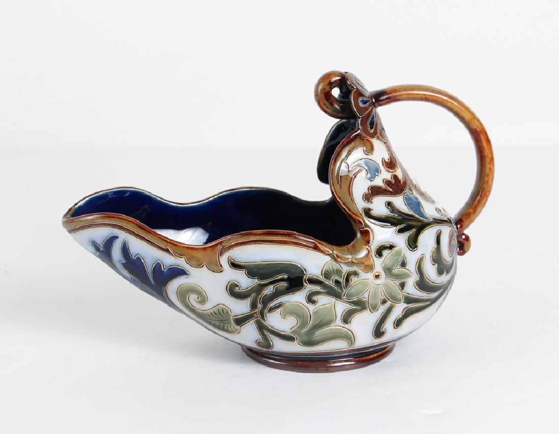 Doulton Lambeth Sauceboat by Frank Butler: Beautiful Art Nouveau Sauceboat decorated by Frank Butler during nearly forty years at the Lambeth Studios designed and decorated many thousands of vases, jugs, bowls, and other pots. His work reflect