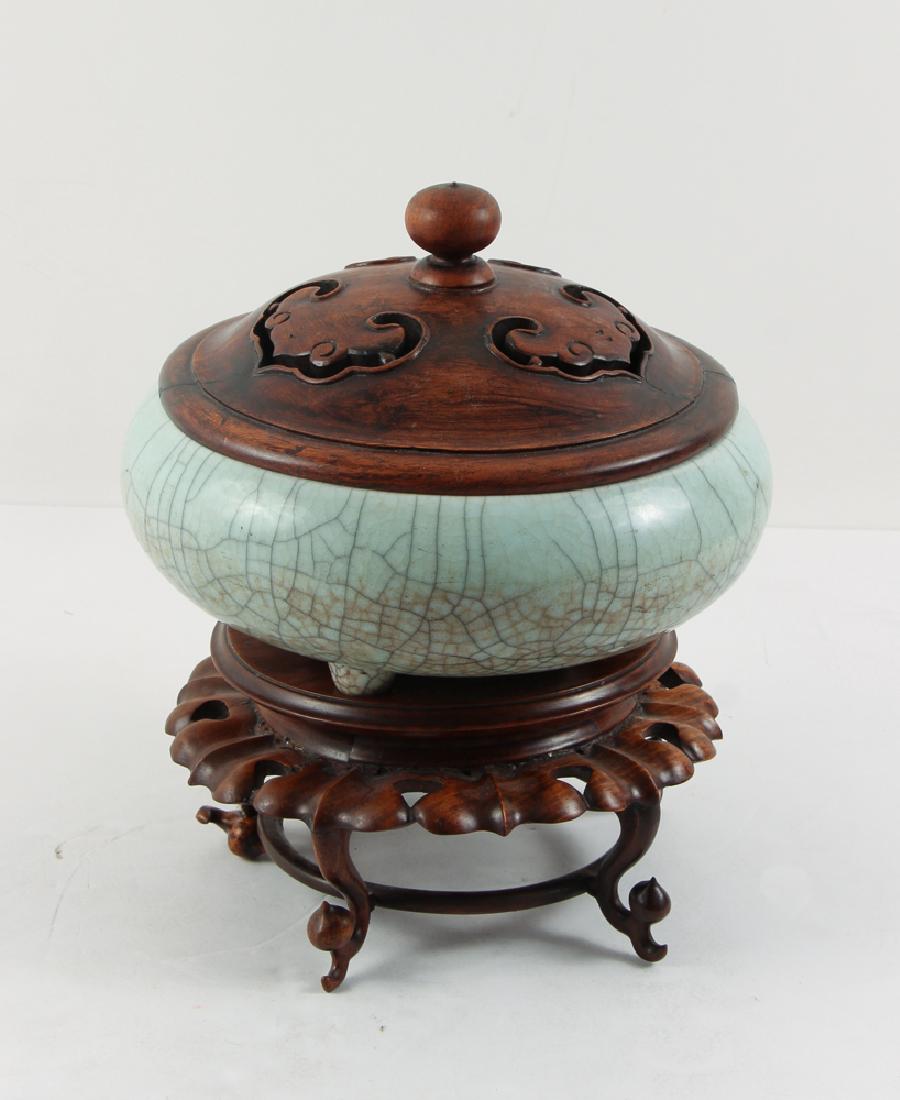 Chinese Celadon Bowl with Batwing carved wood stand (1 of 8)