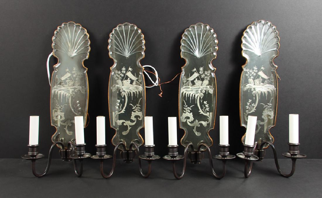 Four Chinoiserie Etched Mirror Sconces (1 of 8)