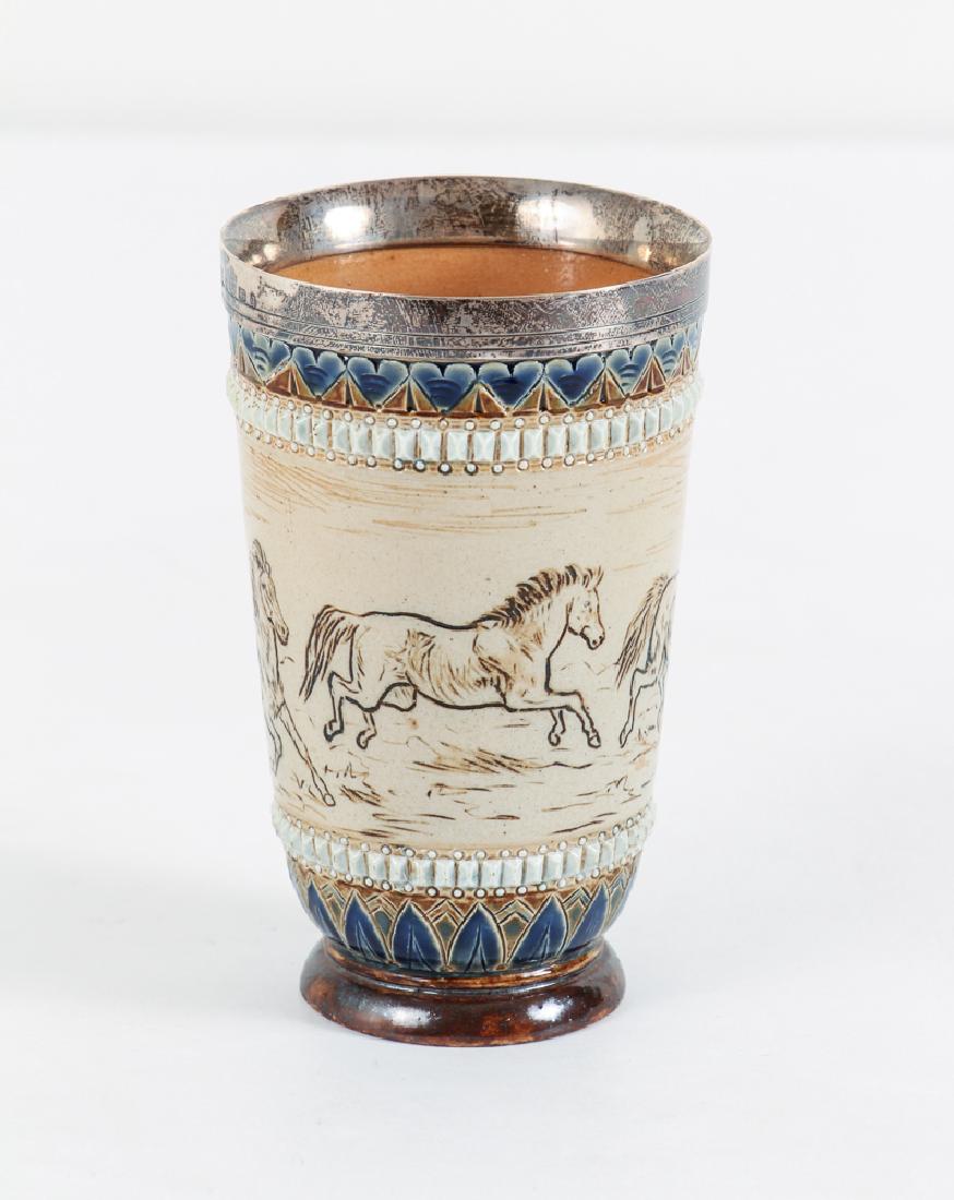 Hannah Barlow Beaker with Horses for Doulton Lambeth: Doulton Lambeth decorated Horse Beaker with silver rim by Hannah Barlow, Beaker with Running Horses, 1881, Stoneware silver rim, 5 1/4 x 3 inches, Provenance: Boca Raton Museum of Art