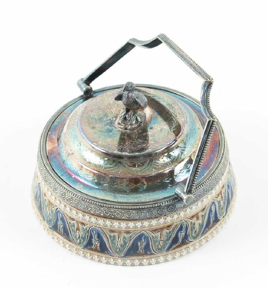 Doulton Lambeth Salt Cellar with Silver-Plated Lid: Doulton Lambeth Salt Cellar with Silver-Plated Lid with Eagle Finial,1878, Stoneware, 4 x 5 inches, Provenance: Boca Raton Museum of Art